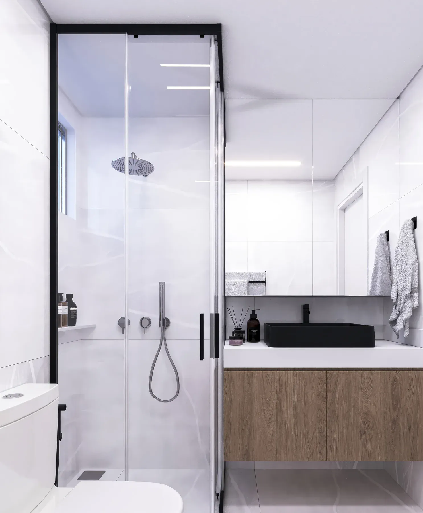 Banheiro do Gríseo Residence envelopado em porcelanato com estética de mármore