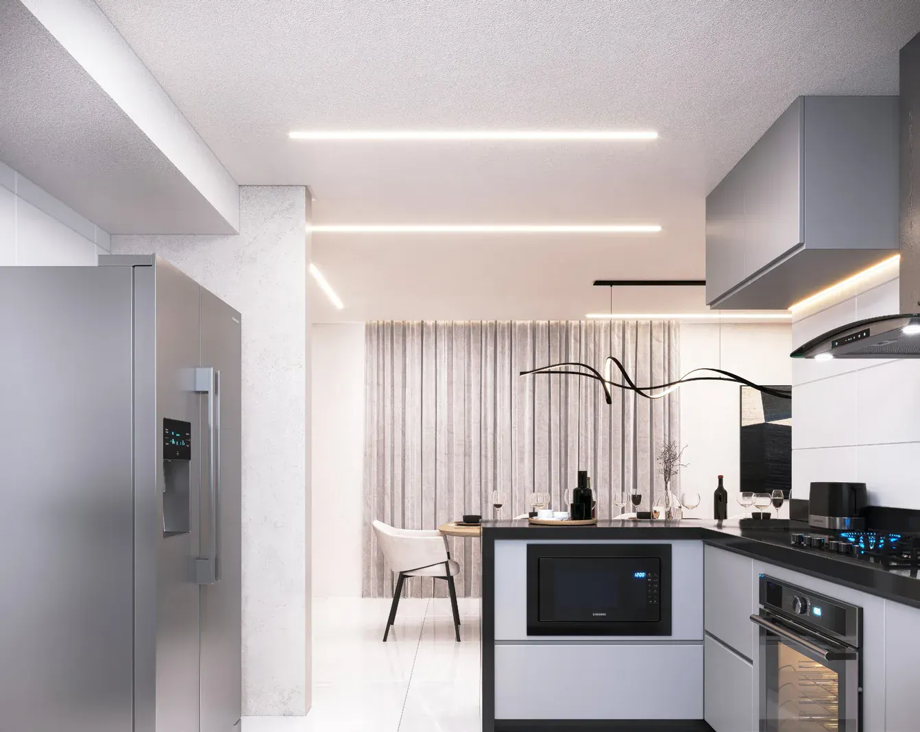 Cozinha da cobertura do Gríseo Residence integrada à sala de jantar