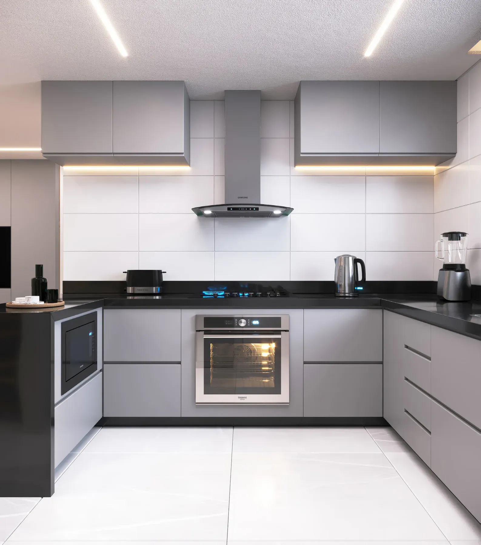 Cozinha do Gríseo Residence com bancada e armários planejados