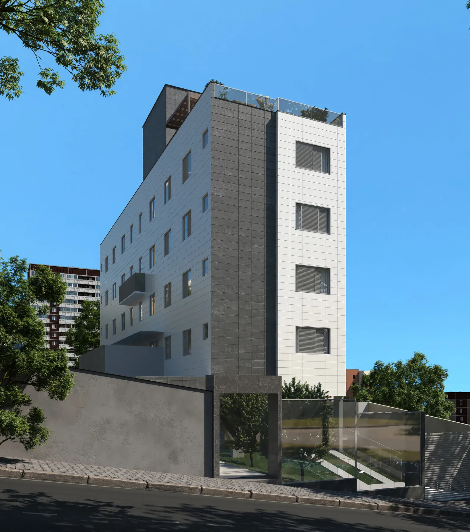Fachada do Gríseo Residence revestida em porcelanato