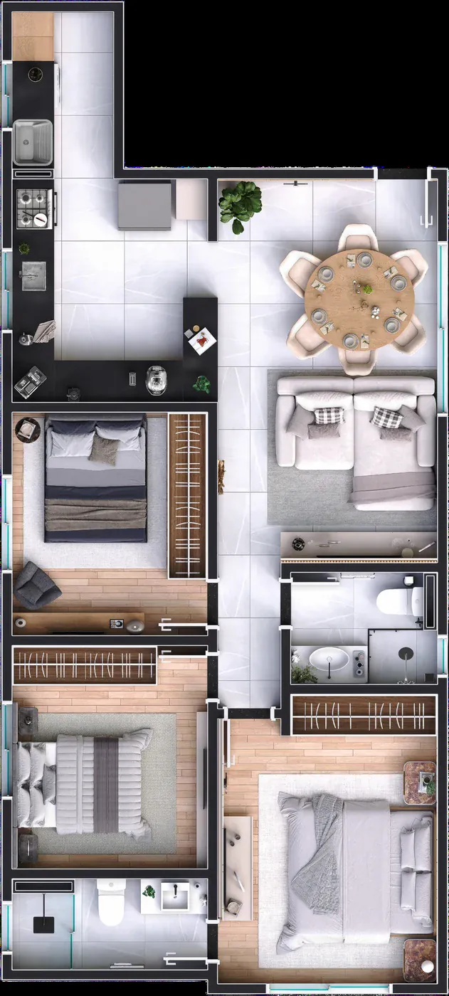 Planta humanizada do apartamento 301 do Gríseo Residence, com três quartos, sala, cozinha e banheiros