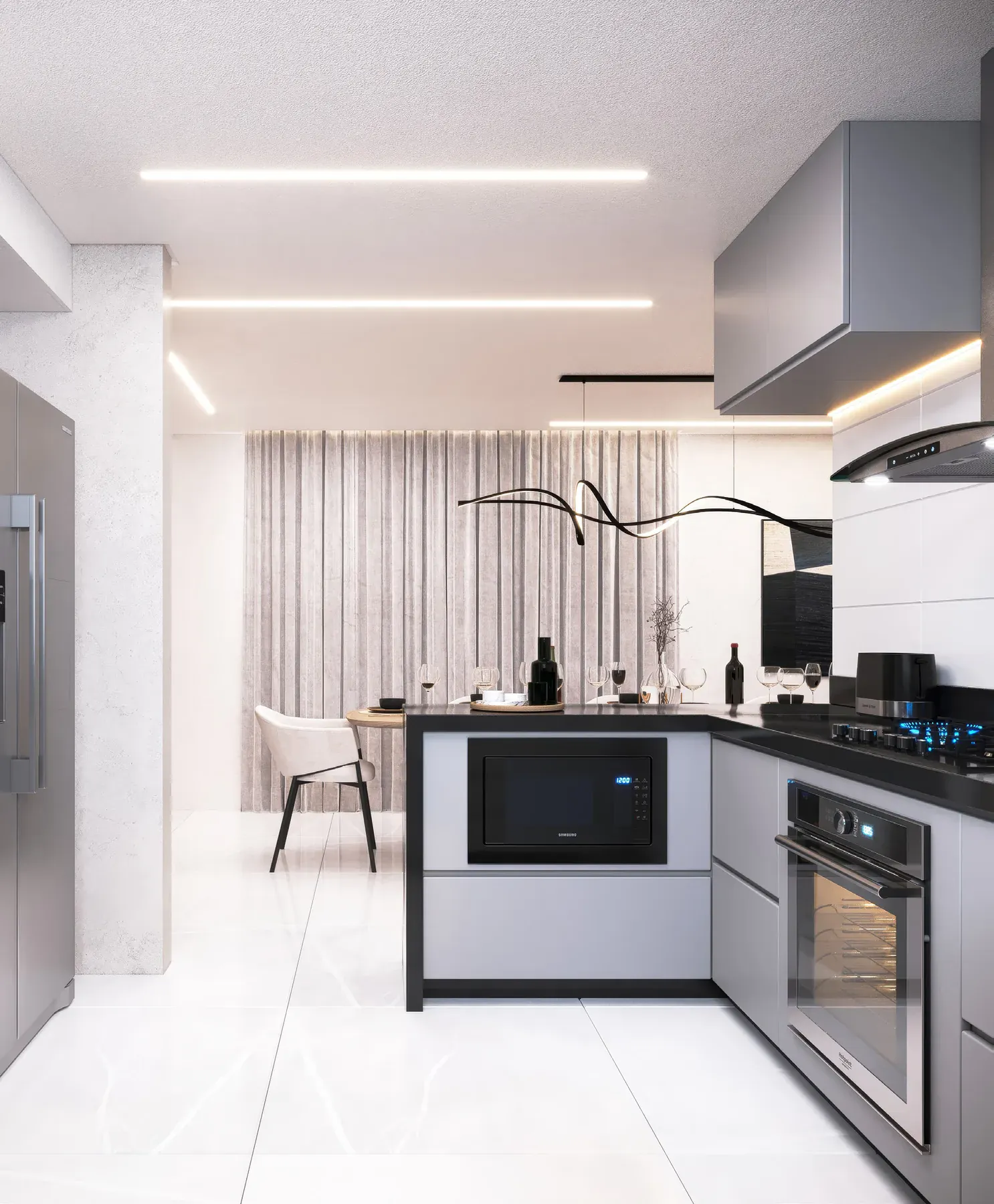 Sala e cozinha integradas do Gríseo Residence com piso em porcelanato Portobello 90×90