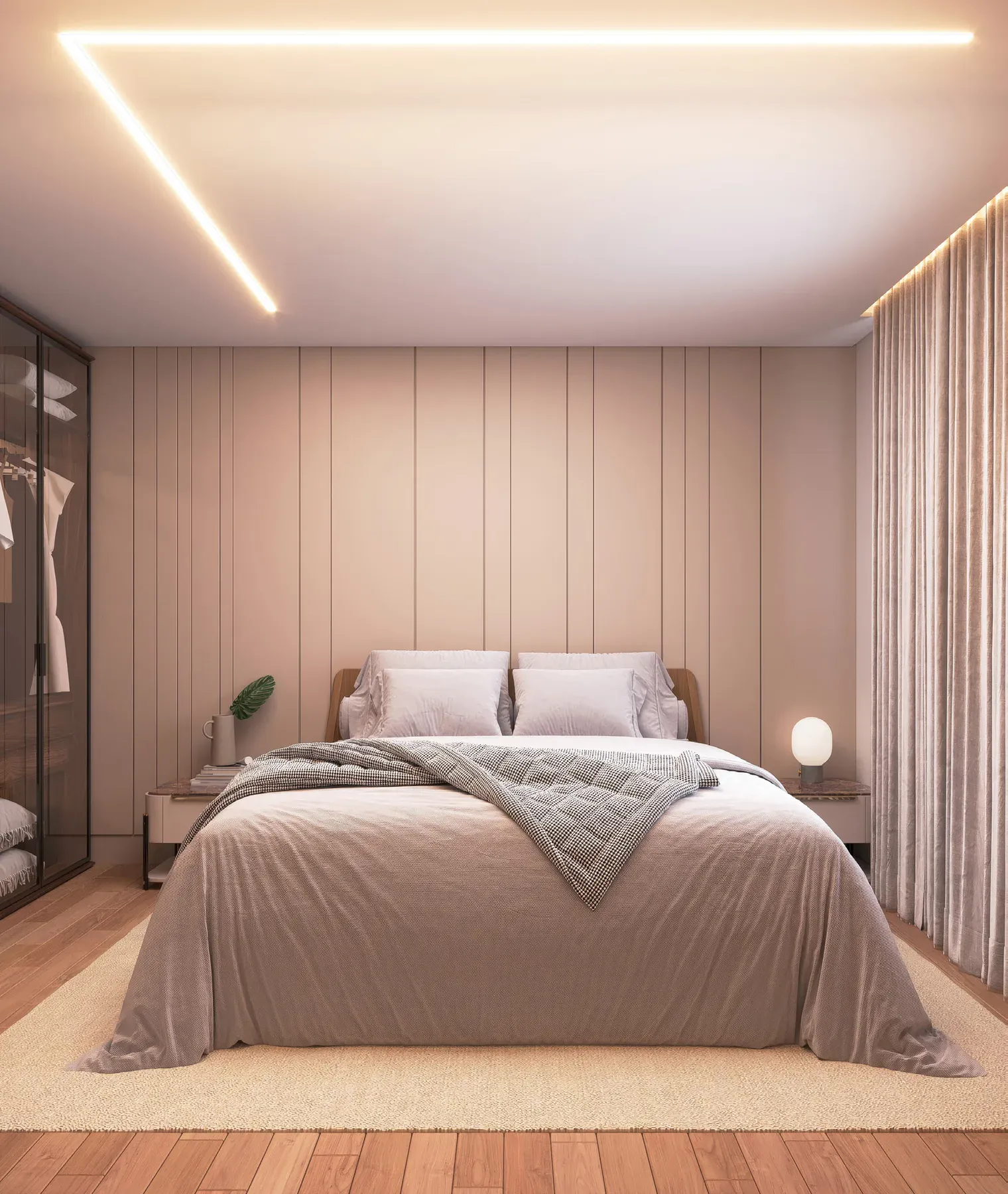 Quarto do Gríseo Residence com painel ripado, guarda-roupa e cortina em toda a parede